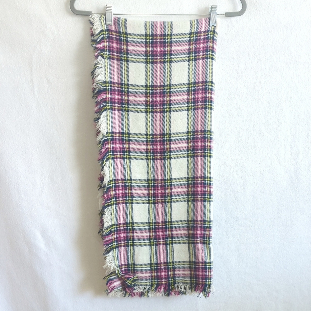 Accessory Depot White Black Pink And Yellow Plaid Rectangular Fringed Scarf